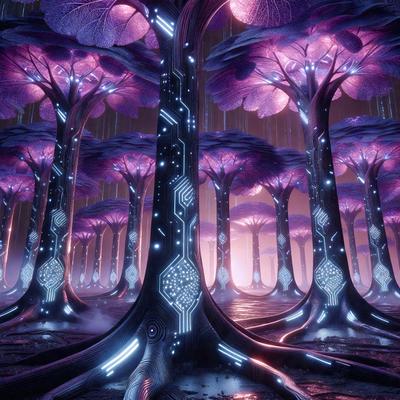 The primary subject of the image is a purple tree with a branch that has a blue light on it. The tree is surrounded by other purple trees, creating a visually striking scene. The setting appears to be a forest or a similar natural environment. The visual style of the image is digital art, as it features a futuristic and surreal atmosphere. The dominant colors in the image are purple and blue, giving the scene a unique and captivating mood.